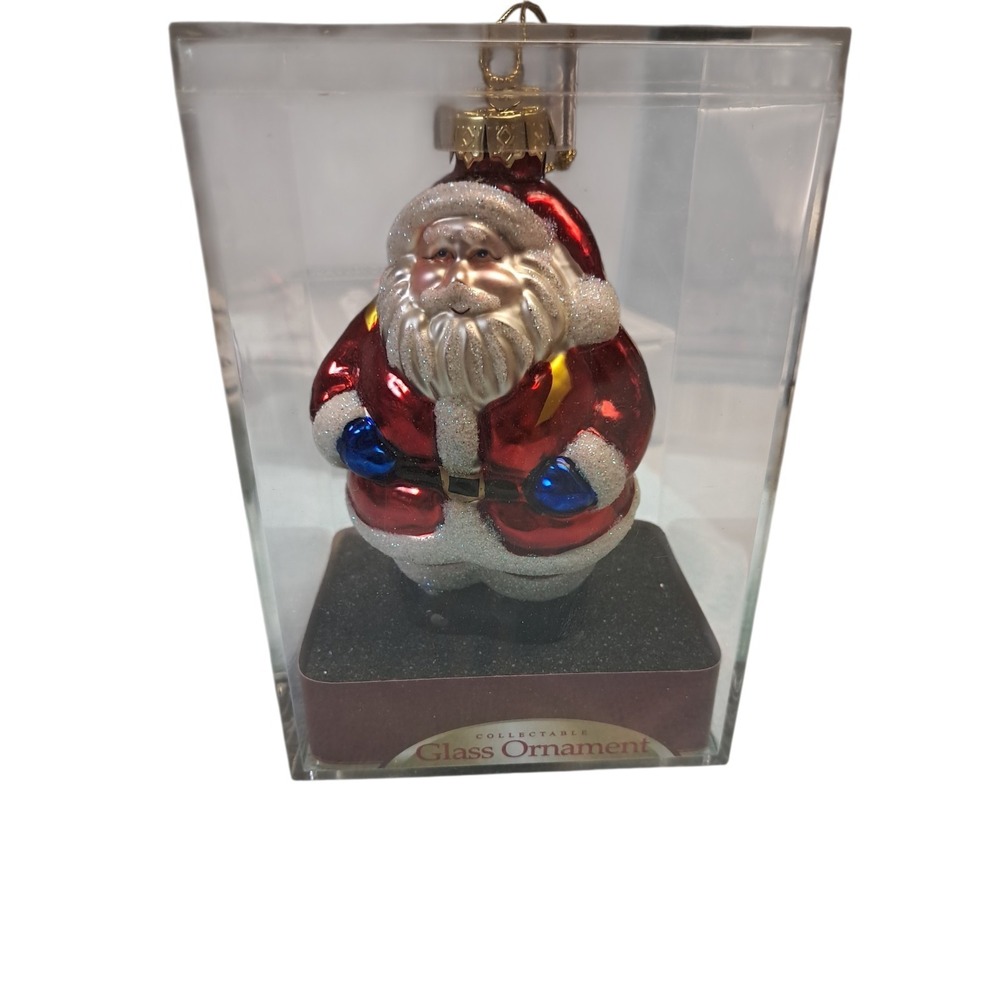 Vintage Glittery SANTA CLAUS Glass Christmas Ornament 4" in Acrylic Case‎